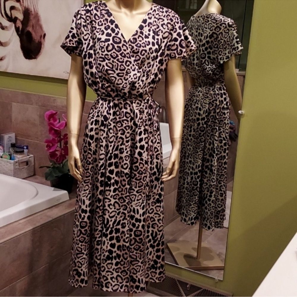 Tahari Brown and Black Wrap Midi Dress with Flutter Sleeves
